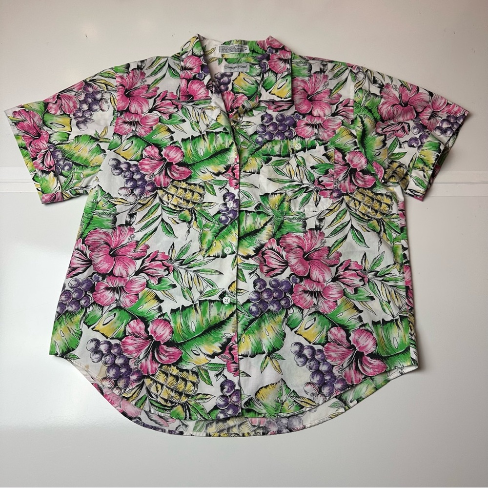 Vintage 90s Tropical Hawaiian Fruit Floral Shirt Cottagecore Resort M